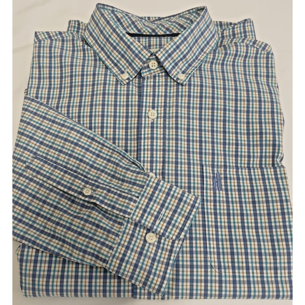 Johnnie-O Hangin Out Blue Yellow Check Long Sleeve Logo Pocket Men's Large